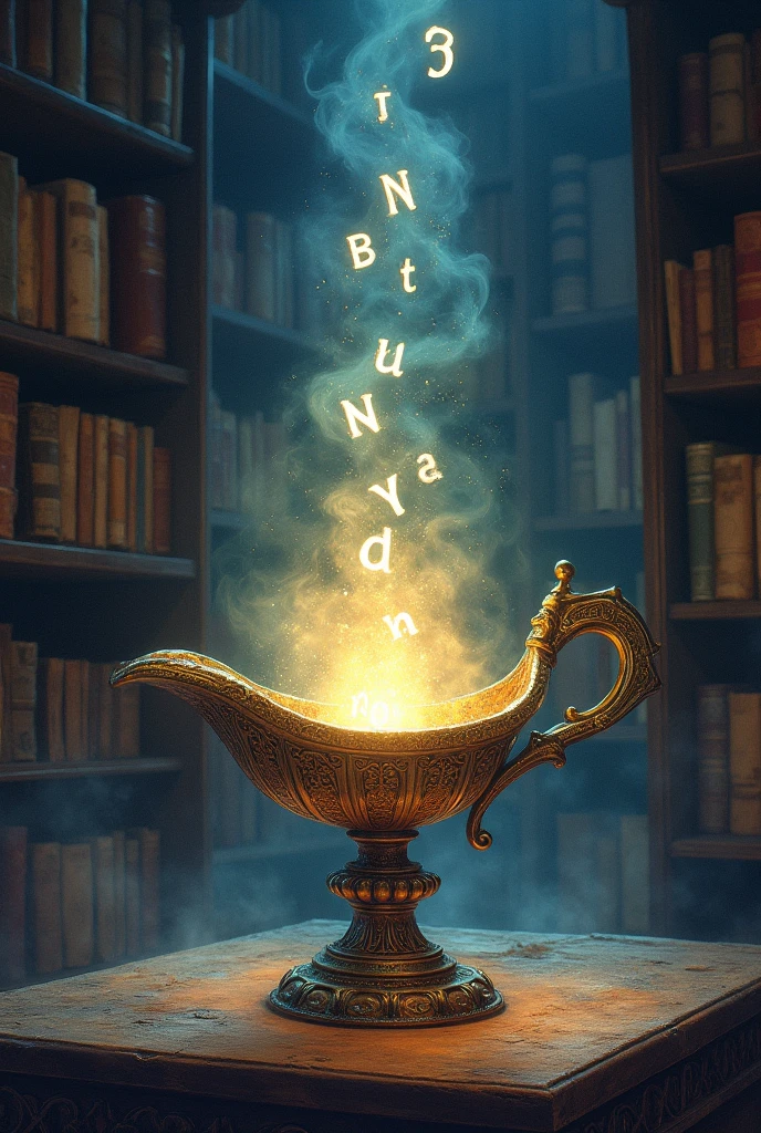 A mystical lamp from which glowing letters emerge, illuminating a dark place.. Books around. watercolor style.