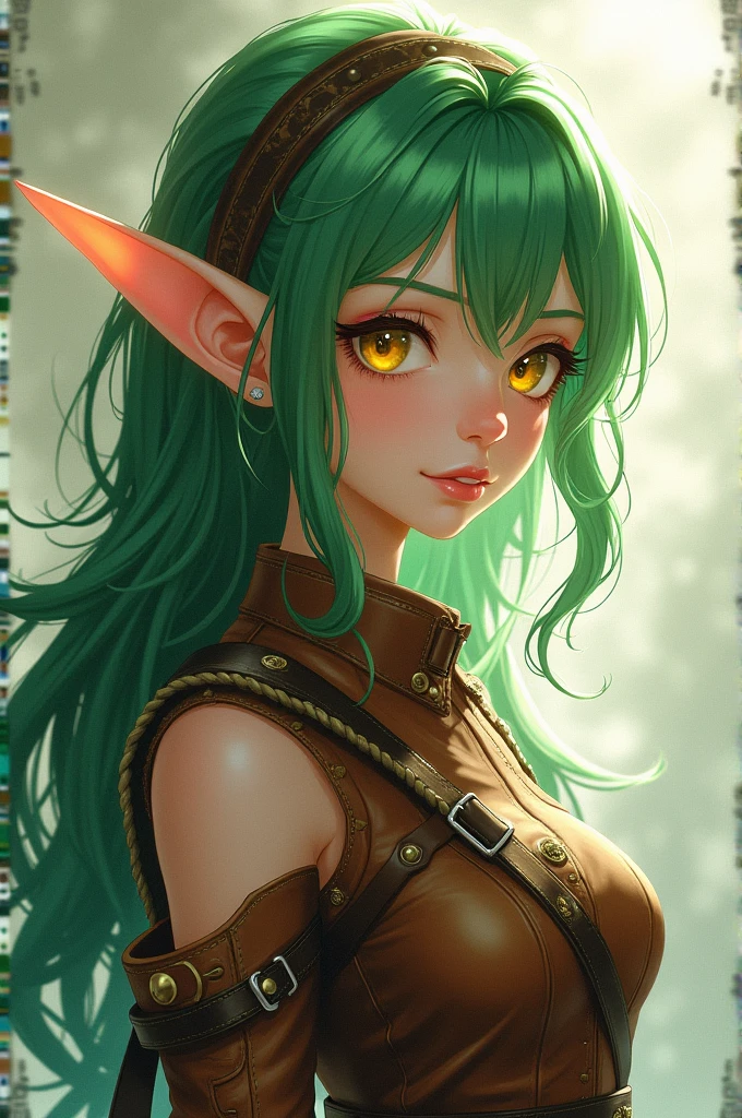 An elf, anime styling, hair green,, yellow eyes, leather and fabric clothes.