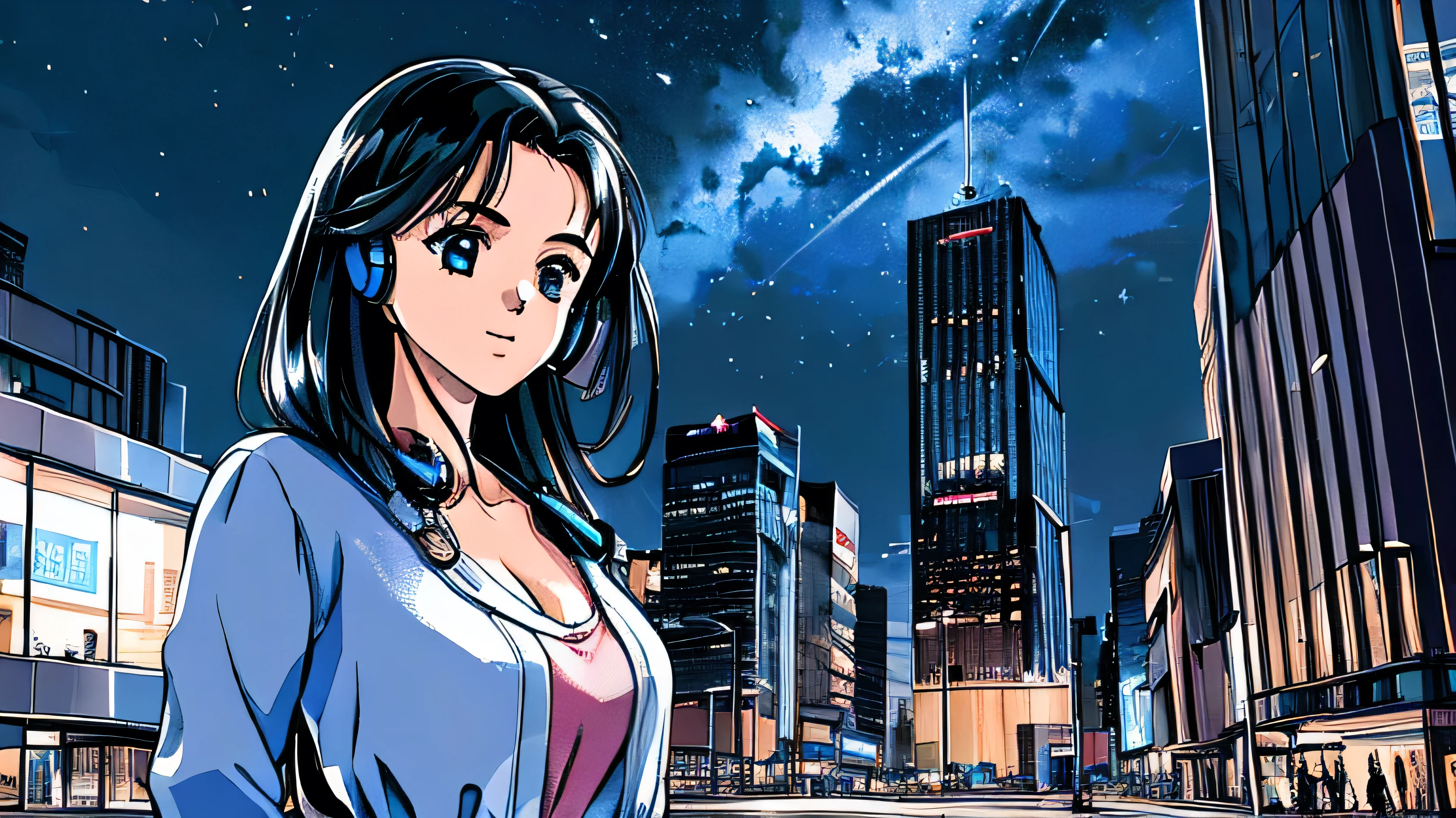 ((masterpiece)),(((Highest quality))),((Super detailed)) Realistically, 1 Girl, beautiful, Wearing headphones, one person　 Watching the night view, city, Starry Sky, building, night.　Long Black Hair　The wind is blowing　Cleavage 　きれいな瞳