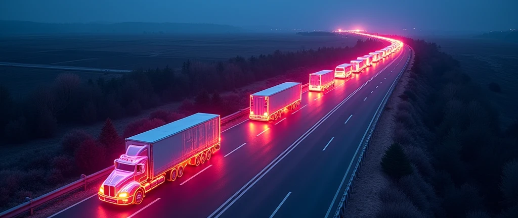 A high-altitude infrared thermal imaging photo, bird's-eye view, featuring a nighttime ground transport convoy. The image showcases the thermal radiation signals of vehicles on the road, as well as the overall dynamic monitoring of the transport activity. Monochrome, high contrast, masterpiece, best quality, 4k, detailed environment, clear road markings, distinct vehicle outlines, enhanced heat signatures.