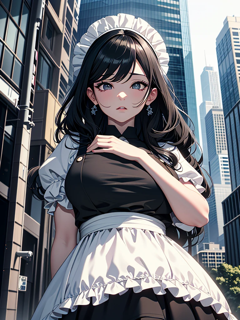 Masterpiece、High resolution、Detailed expression、(Huge beauty:1.3)、Natural Fingers、Black Hair、Height 20m、Married Woman、apron、Troubled face、Touching the skyscrapers