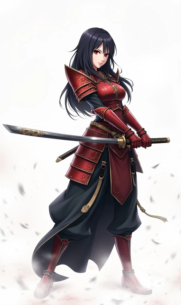 Black haired woman in red armor holding a katana, anime styling