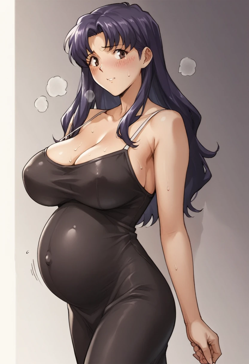 Huge breasts、blush、Sweat、In the heat、EPngeKatsuragiMisato, purple hair, brown eyes, long hair,
{Highest quality}, {so beautiful}, {Very detailed}, {Best illustrations},Life、slim:1.5、Camisole long maxi dress(tight)、Are standing、Pregnant women