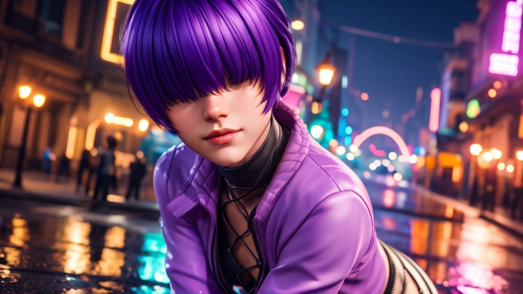 (at night), alone, in a video game scene a background of a beautiful city during the day raining, standing at attention, purple hair, ((purple hair)), 1 girl, alone, 20 years old, young woman, perfect hands , beautiful and perfect symmetrical fingers, beautiful long legs, perfect legs, beautiful body, beautiful nose, beautiful character design, perfect face, look at the viewer (focusing on the entire character), closed mouth, Light_Smile, official art, wallpaper Extremely detailed CG unity 8k, perfect lighting, bright and colorful front lighting, glowing skin (masterpiece: 1.0), (best quality: 1.0), ultra high resolution, 4K, ultra detailed photography, 8K, HDR, high resolution, nonsense: 1.2, Kodak portra 400, film grain, blurred background, bokeh: 1.2, lens flare, (vibrant_color: 1.2), professional photography, (beautiful_face: 1.5), (narrow waist),
