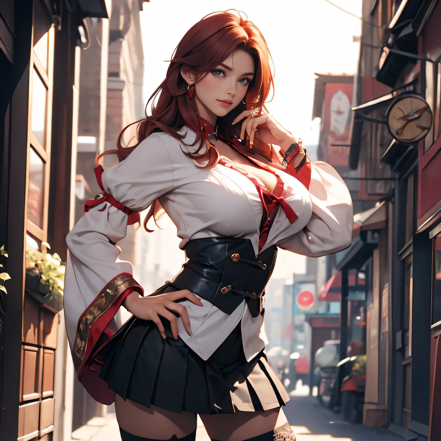 Pretty Caucasian (female), Sarah Shahi, a slim but muscular body, huge breasts, Dressed as DxD_Rias_Gremory_ownwaifu cosplay, 1girl, long hair, red hair, huge detailed breasts, large breasts, rias gremory costume, detailed blue eyes, detailed hair between eyes, very long hair, collarbone, hair intakes, hair over breasts, BREAK detached collar, detached sleeves, frilled sleeves, frills, long sleeves, micro miniskirt, pleated ultra miniskirt, ribbon, thighhighs, white skirt, white sleeves, white thighhighs, wide sleeves, zettai ryouiki, BREAK outdoors, city, BREAK looking at viewer, BREAK (masterpiece:1.2), best quality, high resolution, unity 8k wallpaper, (illustration:0.8), (beautiful detailed eyes:1.6), extremely detailed face and hands, detailed fingers, , perfect lighting, extremely detailed CG, (perfect two hands, perfect anatomy), standing sexy pose, well exposed full thighs, sexy thighs, beautiful thighs,