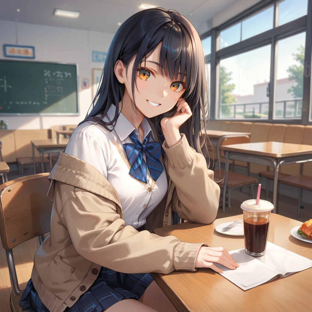 (8K, best quality, master piece: 1.2),ultra-high resolution,1 girl,solo,ultra-detailed face,detailed eyes,orange eyes,Straight hair, long hair,black hair,school uniform,plaid skirt,cardigan,rim light,Sitting in a chair,jambalaya on the table,smile,indoors restaurant