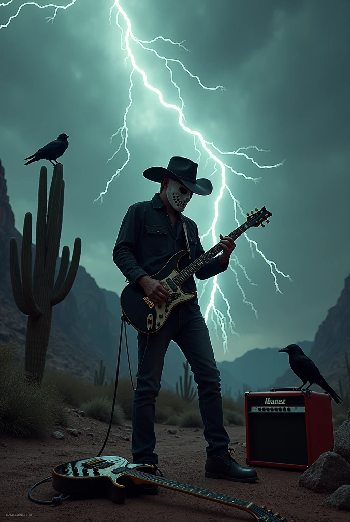 GAME cover wide photo, man with hockey mask with coboy hat standing with the orange ibanez electric guitar and speaker amplifier on gound , playing death sympony , backgound thunder strom . crow cactus and mountain