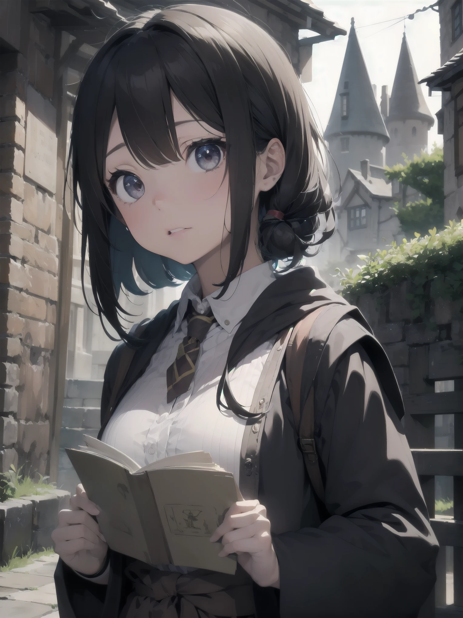Masterpiece, Top Quality, Absurd, High Resolution, Subject Seismic, Animation Style Illustration with Mock Pause, 1 Girl, Solo, Cute random hairstyle, beautiful random expression and face, random age, slender, random clothing for situation,wizard , wand, magical castle, owl, spell book, (Hogwarts: 1.2), magic, wonder, (Harry Pottenspired: 1.3), mysterious atmosphere, details
