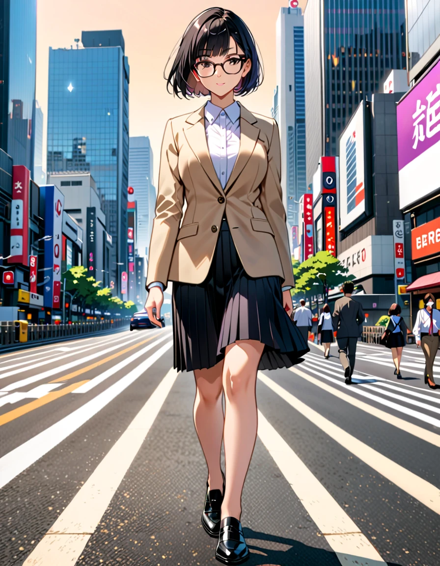 (masterpiece), (best quality), (medium breasts), solo, (jet black hair, short hair, bob hair, purple eyes, bangs), (full body), city backdrop, tokyo city backdrop, perspective, solo, solo focus, walking, beige suit jacket, glasses, white shirt, collared shirt, black pleated skirt, matching black shoes, (perfect hands, perfect anatomy), cowboy shot, superhero, ((beautiful detailed eyes)).