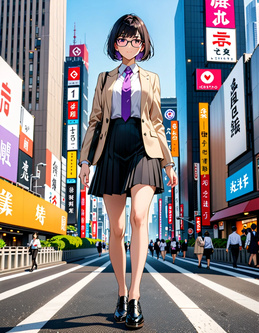 (masterpiece), (best quality), (medium breasts), solo, (jet black hair, short hair, bob hair, purple eyes, bangs), (full body), city backdrop, tokyo city backdrop, perspective, solo, solo focus, walking, beige suit jacket, glasses, white shirt, collared shirt, black pleated skirt, matching black shoes, (perfect hands, perfect anatomy), cowboy shot, superhero, ((beautiful detailed eyes)).