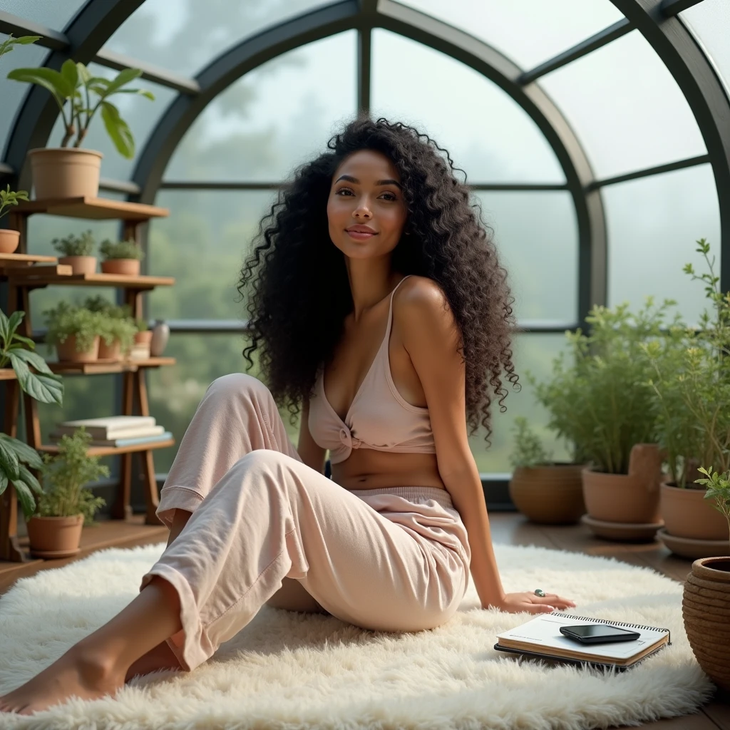 realistic photo of a (pretty girl, 20 years old, brunette, black eyes) into a big room being a glass dome resembling a greenhouse, (full lips) , ((perfect face)), [[mild smile]], proportionate body,mixed herritage, beautyfull, beautyfull face, tanned skin, two arms, two legs, five fingers by hand, full body, (curly black long hair), casual pijama, girl seat at floor at carpet, cozy casual minimalistic modern room into the dome, glass at celling, baffle, shelf with books and collectibles, notebook pc at floor, cellphone at hand,
