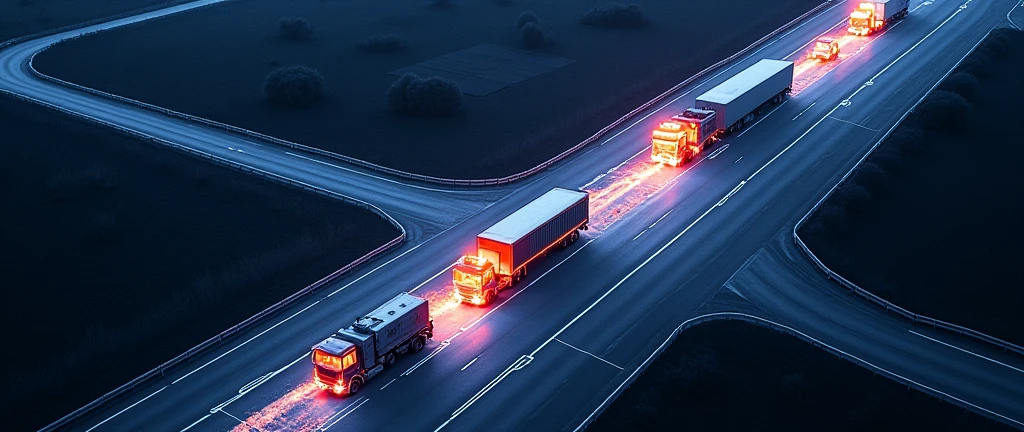 A high-altitude infrared thermal imaging photo, bird's-eye view, featuring a nighttime ground transport convoy. The image showcases the thermal radiation signals of vehicles on the road, as well as the overall dynamic monitoring of the transport activity. Monochrome, high contrast, masterpiece, best quality, 4k, detailed environment, clear road markings, distinct vehicle outlines, enhanced heat signatures.