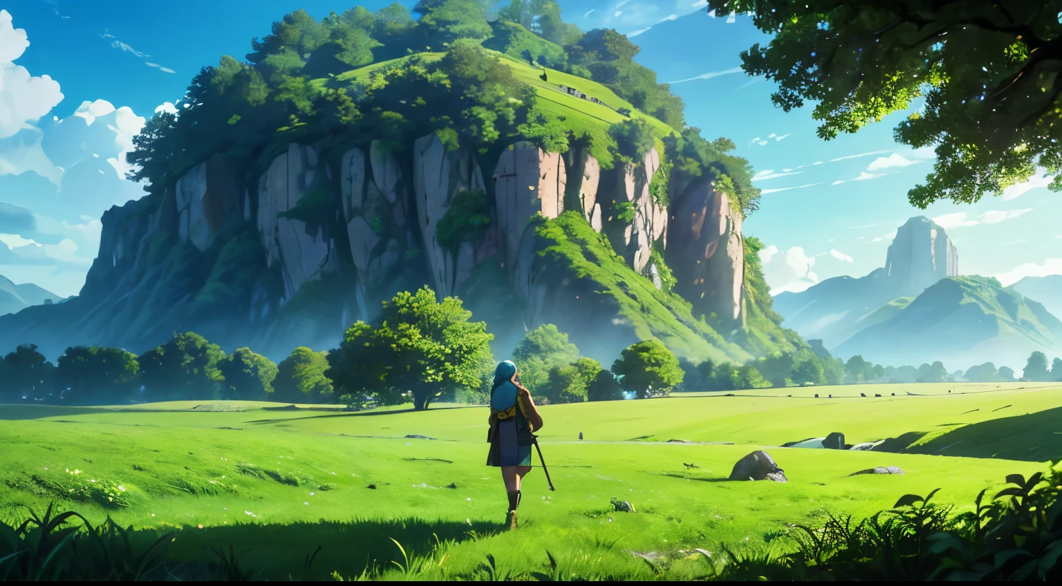 A high-quality adventurer walking through a lush green meadow with a cute slime creature, 1girl, detailed fantasy character, masterfully crafted, breathtaking landscape, cloudy sky, bright sunlight, vibrant colors, adventure, exploration, whimsical, magical, beautiful detailed eyes, beautiful detailed lips, extremely detailed face, long eyelashes, fantasy art, digital painting, concept art, 8k, high resolution, photorealistic, cinematic lighting, rich textures, intricate details