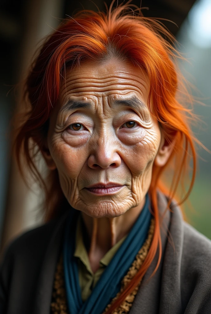 aged woman, Asian, Red hair, peasant