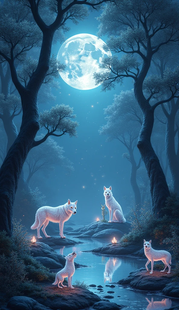 Moonlit Forest of Lunar Creatures: "Imagine a dense forest on the moon, where trees with silver bark and crystalline leaves grow under the soft light of Earth. The forest is inhabited by ethereal creatures that blend seamlessly with the lunar landscape—bioluminescent wolves with fur that sparkles like the night sky, and delicate, winged creatures that flutter through the air, leaving trails of stardust. The ground is covered in a fine, shimmering dust, and the moon’s craters form natural pools reflecting the distant Earth."