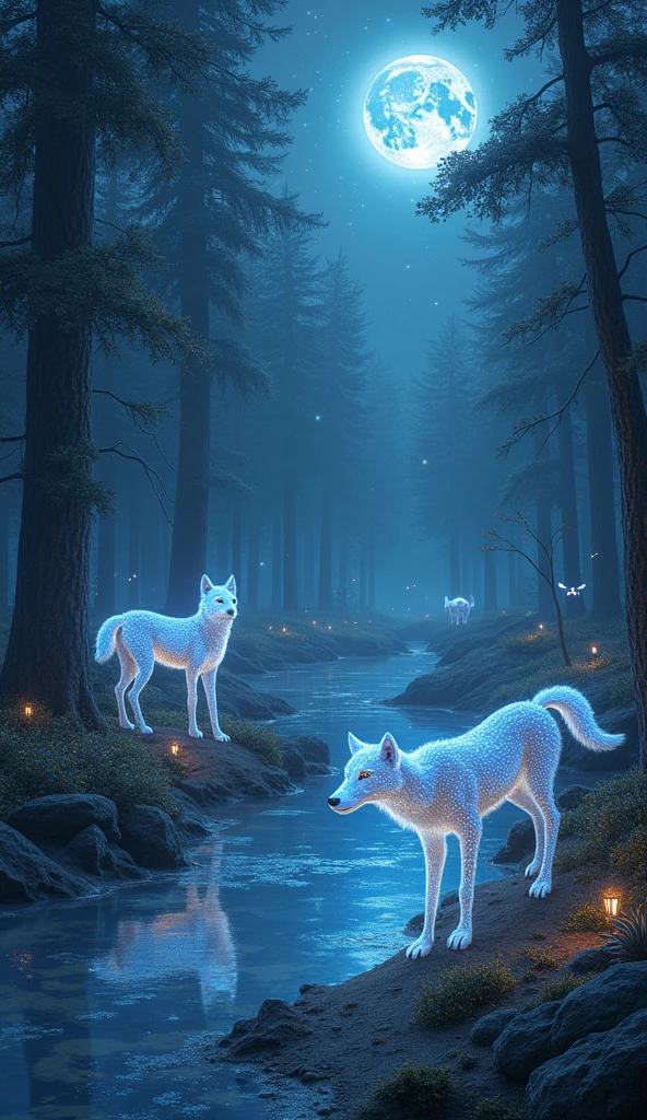 Moonlit Forest of Lunar Creatures: "Imagine a dense forest on the moon, where trees with silver bark and crystalline leaves grow under the soft light of Earth. The forest is inhabited by ethereal creatures that blend seamlessly with the lunar landscape—bioluminescent wolves with fur that sparkles like the night sky, and delicate, winged creatures that flutter through the air, leaving trails of stardust. The ground is covered in a fine, shimmering dust, and the moon’s craters form natural pools reflecting the distant Earth."

