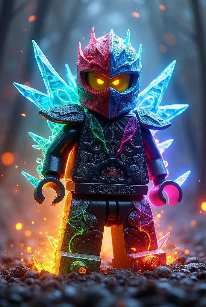 Créer moi un lego ninja go avec une puissance incroyable avec comme puissance élémentaire la foudre l’énergie la terre le feu l’eau la glace et une puissance de lumière. Les habits du ninja doit être en rouge bleu vert noir violet et jaune avec des reure mélanger en forme de terre de glace d’eau de glace et d’électricité avec un regard terrible sombre avec des yeux lumière brillant. Un ninja imbattable monstrueux beaucoup trop puissant qui contrôle tout les pouvoirs élémentaire extraordinaires