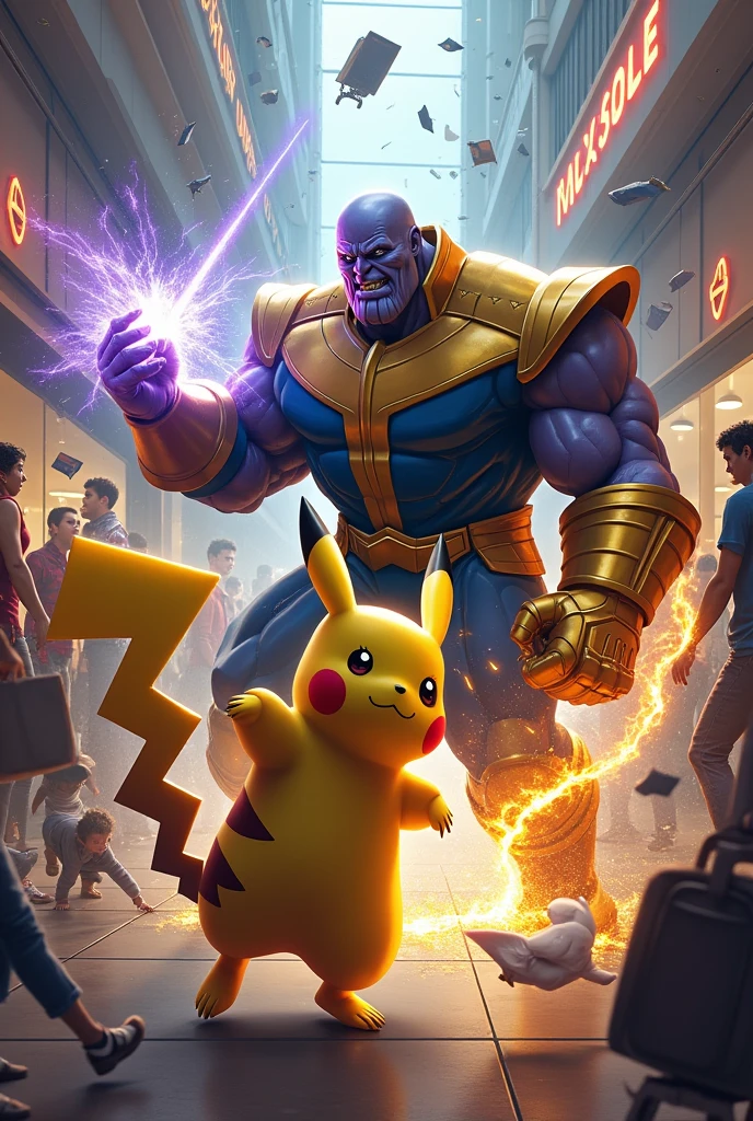 pikachu fight whith thanos in the mall

