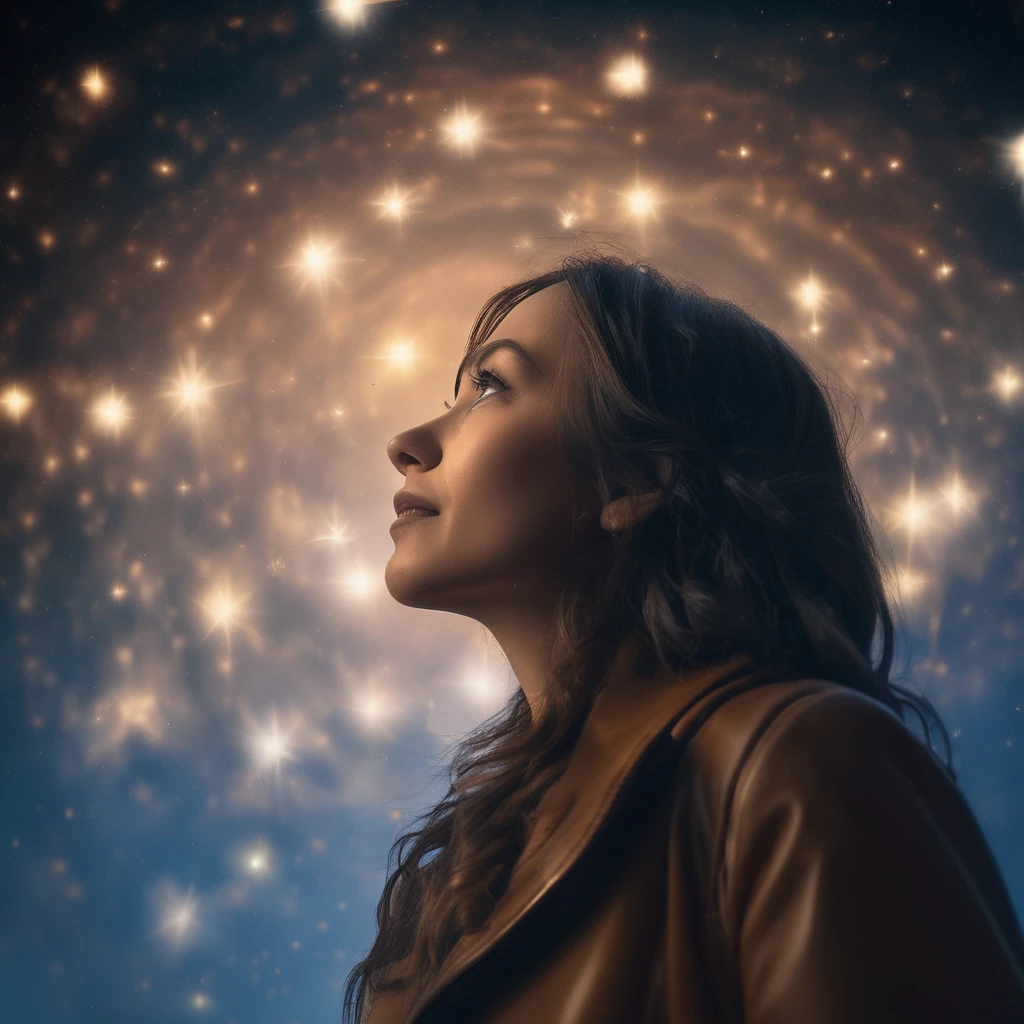 8k,wallpaper of extremely detailed CG unit, masterpiece,hight resolution,top-quality,top-quality real texture skin,hyper realisitic,increase the resolution,RAW photos,best qualtiy,highly detailed,the wallpaper,cinematic lighting,ray trace,golden ratio, BREAK ,many stars twinkling in a beautiful bright winter night sky, long exposure starry sky with many circular orbits, silhouette of a cute young woman with long hair with her hands in her coat pockets looking up at it, photo taken from long distance, photo from below, beautiful kaleidoscope multiple exposures overlapping