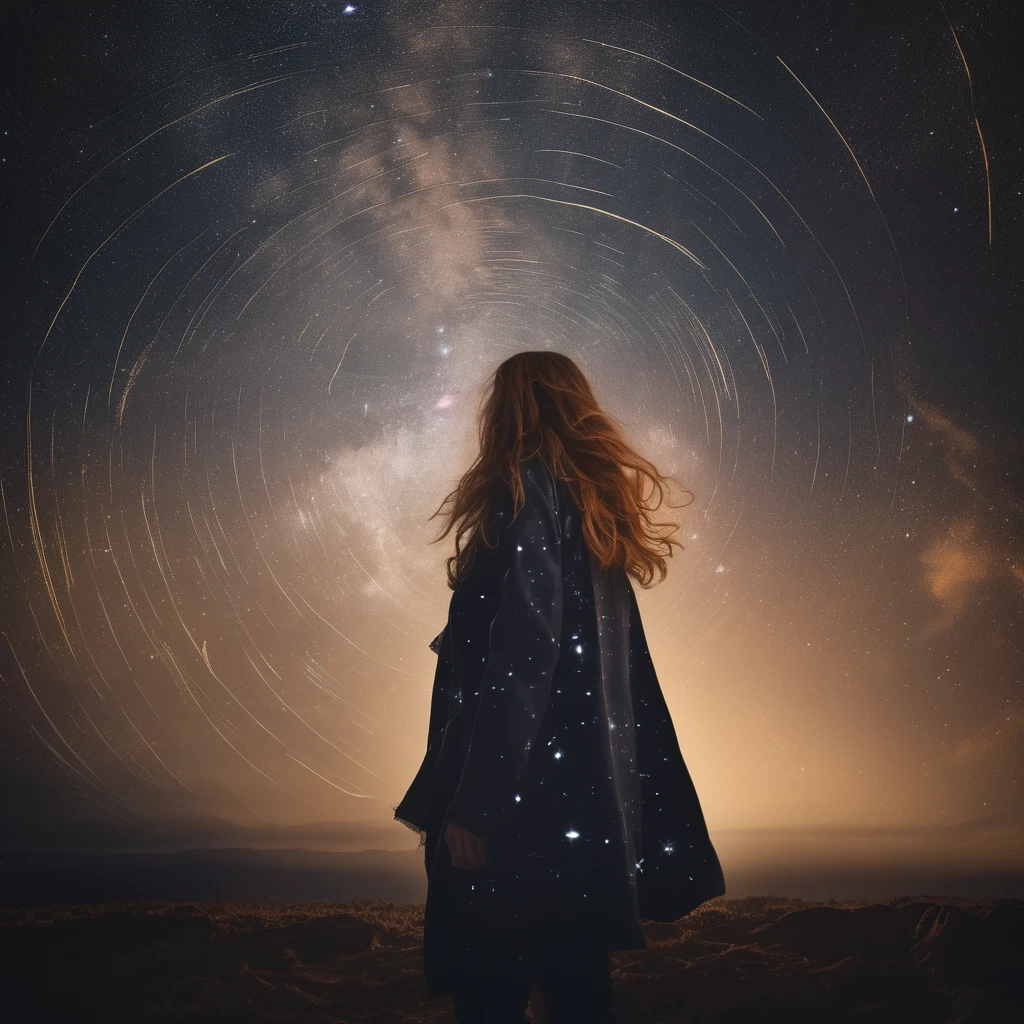 8k,wallpaper of extremely detailed CG unit, masterpiece,hight resolution,top-quality,top-quality real texture skin,hyper realisitic,increase the resolution,RAW photos,best qualtiy,highly detailed,the wallpaper,cinematic lighting,ray trace,golden ratio, BREAK ,many stars twinkling in a beautiful bright winter night sky, long exposure starry sky with many circular orbits, silhouette of a cute young woman with long hair with her hands in her coat pockets looking up at it, photo taken from long distance, photo from below, beautiful kaleidoscope multiple exposures overlapping