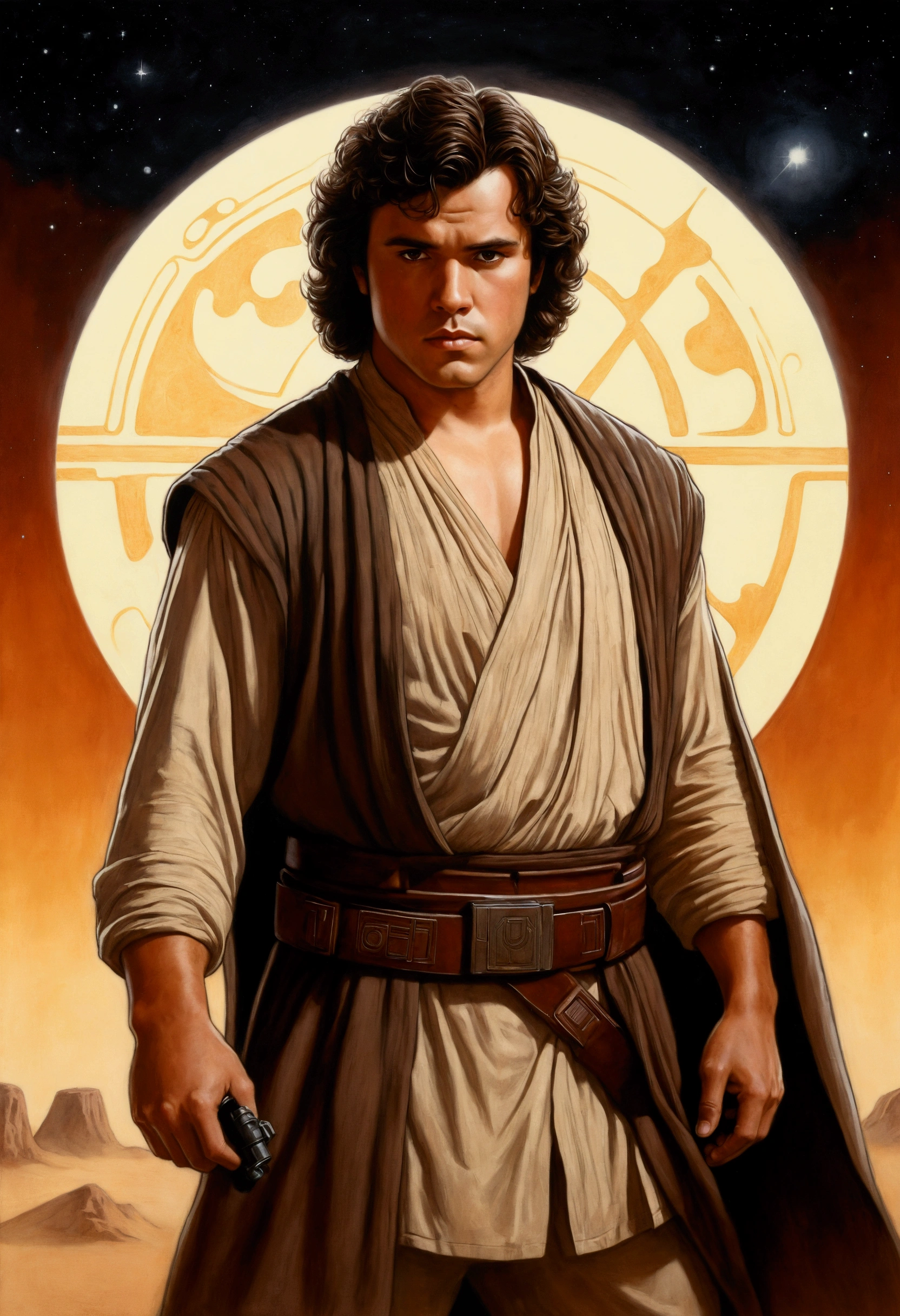 An illustrated movie poster, hand-drawn, full color, a Jedi Knight, 25-years-old, male, wearing a tunic shirt, portly figure, broad shoulders, muscular, hairy body, lost of body hair, brown eyes, brown-black hair, curly voluminous mane, sun-tanned skin, resembles Gavin Leatherwood, standing in a seedy cantina, graphite shading, stencil marks, airbrushed acrylic paint, masterpiece, in the style of Drew Struzan