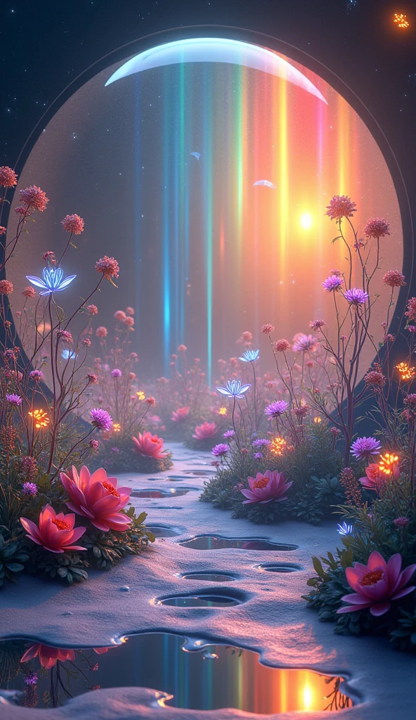 The Moon's Glass Gardens: "Visualize an expansive garden on the moon, with plants made entirely of glass. Each flower and leaf refracts the sunlight, casting rainbows across the lunar surface. The garden is encased in a translucent dome that protects it from the harsh vacuum of space, and within, the air shimmers with floating particles of light. The plants grow in intricate, geometric patterns, and small, glowing insects pollinate the flowers, their wings beating with a faint hum that echoes through the dome."

