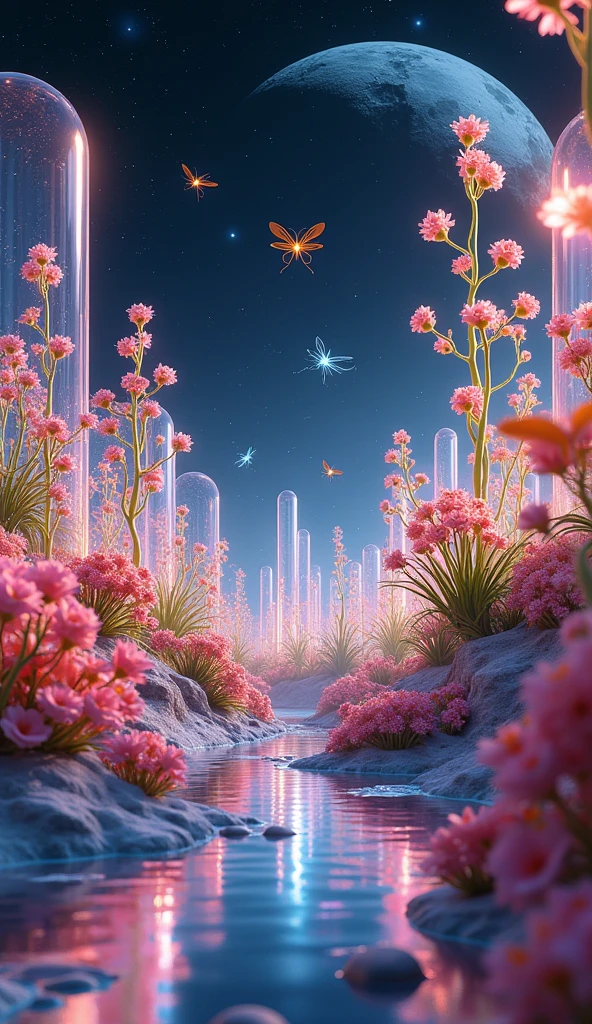 The Moon's Glass Gardens: "Visualize an expansive garden on the moon, with plants made entirely of glass. Each flower and leaf refracts the sunlight, casting rainbows across the lunar surface. The garden is encased in a translucent dome that protects it from the harsh vacuum of space, and within, the air shimmers with floating particles of light. The plants grow in intricate, geometric patterns, and small, glowing insects pollinate the flowers, their wings beating with a faint hum that echoes through the dome."

