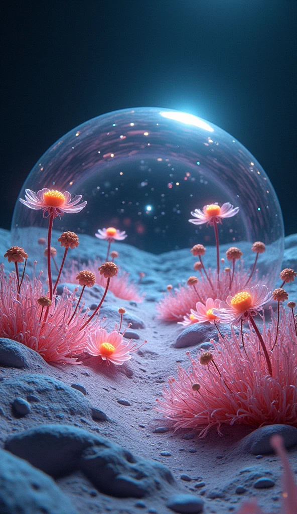 The Moon's Glass Gardens: "Visualize an expansive garden on the moon, with plants made entirely of glass. Each flower and leaf refracts the sunlight, casting rainbows across the lunar surface. The garden is encased in a translucent dome that protects it from the harsh vacuum of space, and within, the air shimmers with floating particles of light. The plants grow in intricate, geometric patterns, and small, glowing insects pollinate the flowers, their wings beating with a faint hum that echoes through the dome."

