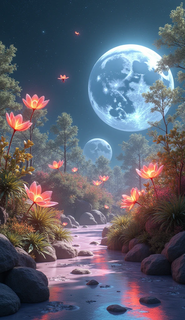 The Moon's Glass Gardens: "Visualize an expansive garden on the moon, with plants made entirely of glass. Each flower and leaf refracts the sunlight, casting rainbows across the lunar surface. The garden is encased in a translucent dome that protects it from the harsh vacuum of space, and within, the air shimmers with floating particles of light. The plants grow in intricate, geometric patterns, and small, glowing insects pollinate the flowers, their wings beating with a faint hum that echoes through the dome."

