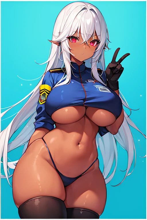 1girl, dark skin, dark-skinned female, red eyes, white hair, long hair, large breasts, thick thighs, underboob, hourglass figure, mature female, thighhighs, police, police uniform, parted lips, bikini, highleg bikini, peace sign, v, gloves, neon trim, neon trim, blue trim