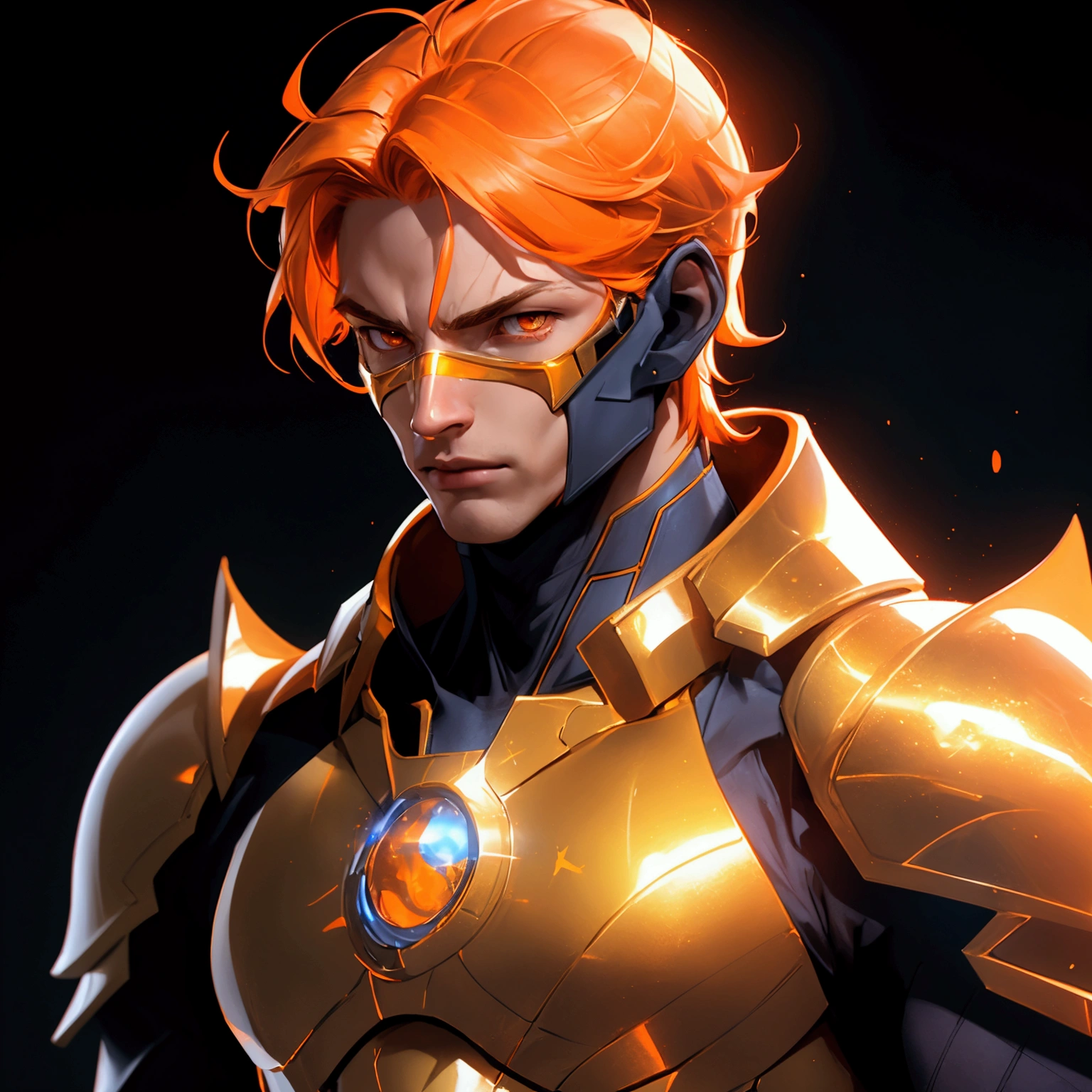 envision a 8k, highres, cinematic close up portrait of a man with a slender muscular body, no facial hair with sleek orange hair, and orange eyes wearing golden armor and tight dark blue super suit, Dr Fate Helmet, magic effects against a dark gray background