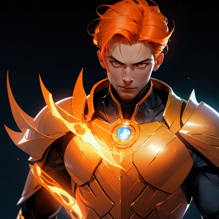 envision a 8k, highres, cinematic close up portrait of a man with a slender muscular body, no facial hair with sleek orange hair, and orange eyes wearing golden armor and tight dark blue super suit, Dr Fate Helmet, magic effects against a dark gray background