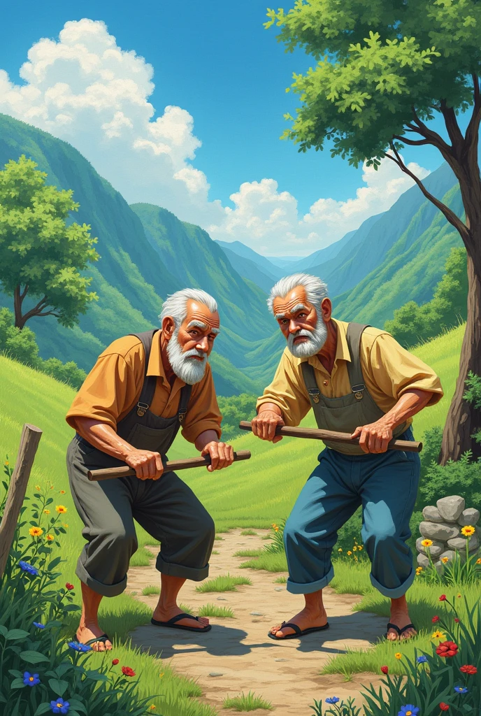 Ghibli anime style painting、Two old men working together、Actively working outside