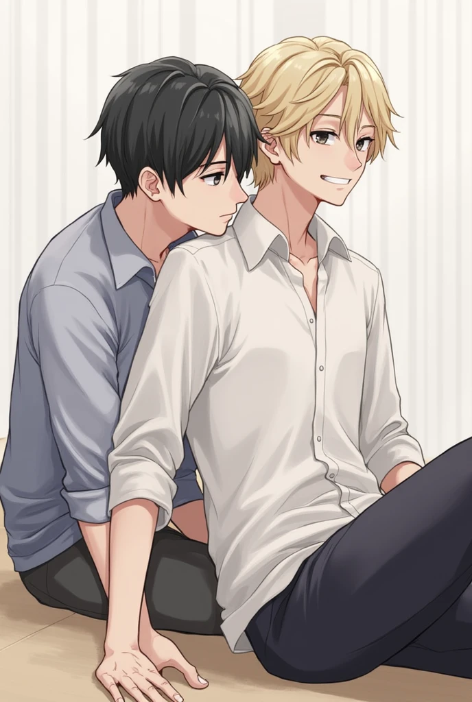 2 boy,Casual clothing,Age Difference,Blonde and brunette,sitting on lap,hug from behind,smile,Modern Room,(detailed eyes),detailed skin,masterpiece