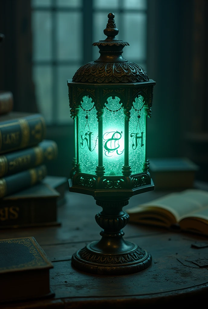 A gothic lamp from which glowing letters emerge, illuminating a dark place. Books around.