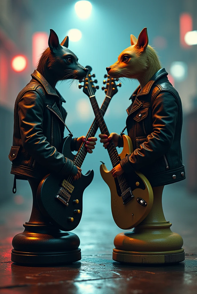 Create two characters that are chess pawns with leather jackets and holding an electric guitar