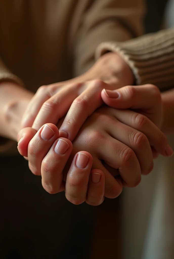 An ultra-realistic close-up of a couple&#39;s hands, A Man and a Woman, taken gently. The hands are intertwined in a romantic gesture, with a soft, out-of-focus background to highlight the emotional connection. The lighting is warm and soft, highlighting the texture of the skin and the details of the hands. The atmosphere conveys warmth and affection, without showing other parts of the body, keeping attention on the hands