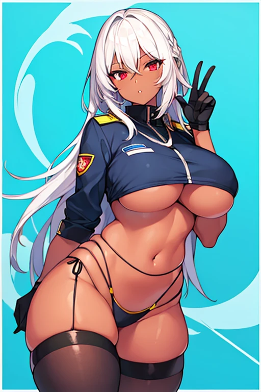 1girl, dark skin, dark-skinned female, red eyes, white hair, long hair, large breasts, thick thighs, underboob, hourglass figure, mature female, thighhighs, police, police uniform, parted lips, bikini, highleg bikini, peace sign, v, gloves, neon trim,