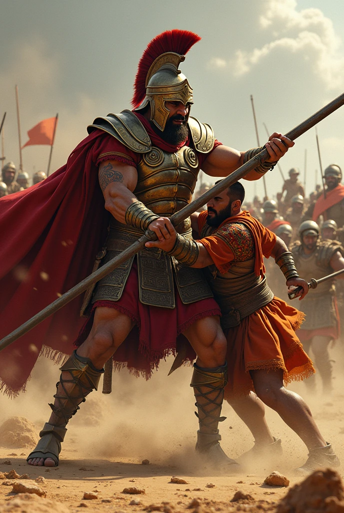 A Spartan, piercing the body of a Moorish soldier with his lance