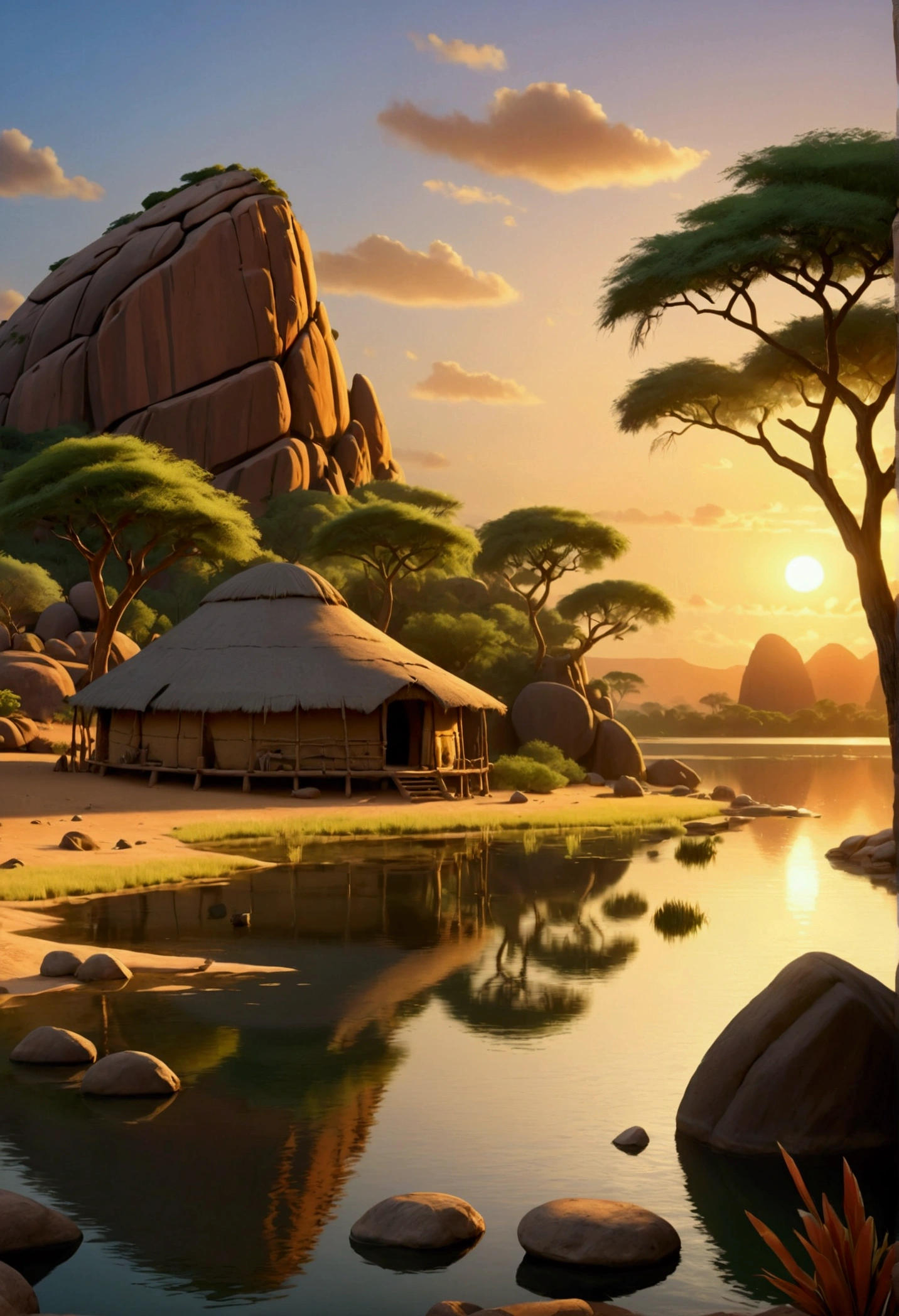Disney style African wilderness scene, beautiful sunrise over a calm lake, very small African hut on one side of the scene, dramatic cinematic lighting, majestic rock formations, no animals or evil, breathtaking view, high detail, complete study of African languages (best quality, 4k, 8k, high resolution, masterpiece: 1.2), high detail, (realistic, realistic, photorealistic: 1.37), dramatic lighting, cinematic composition Pixar style close to animation, land area larger than the lake Trees and rocks Attention to precise theatrical perspective according to the studies of theatrical perspective Academy of Arts Dr. Louise Malika, high quality on the scale of theatrical design Clear details Greek character dominates the scene, animation style African tribe