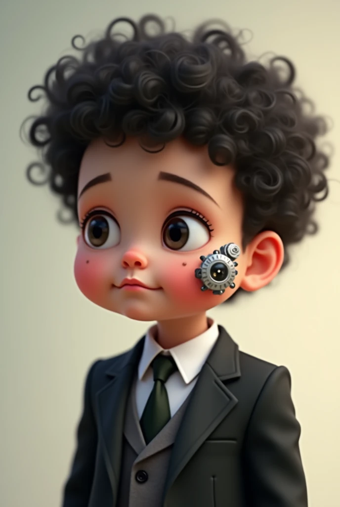 Image of a baby dressed in a suit, small black spot on the left cheek, short black curly hair, very small machine on the left cheek, Pixar 3D removing object from face
