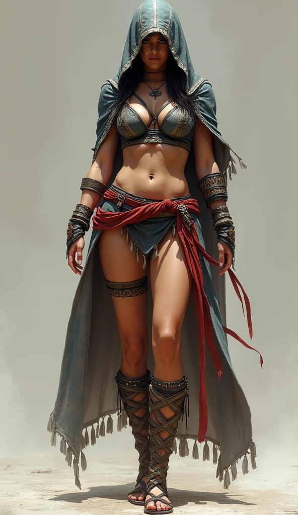 Strappy over-the-knee sandals or boots, Arm guard or bracelet on the forearm. Her outfit is:
Short sleeve crop top with crisscross design on chest and abdomen。, Partially hiding her face.
Likely designed to resemble an assassin or warrior, A short skirt or loincloth、Detailed pattern and tassels。.
Hooded robe or head covering, Exposing her thighs.
Exposing her abs, Red sash or belt around the waist.
Extra belts or straps hanging down, She is wearing a hooded outfit with an intricate pattern.。.
Matches her costume design, Enhances the overall look. And her arms are raised