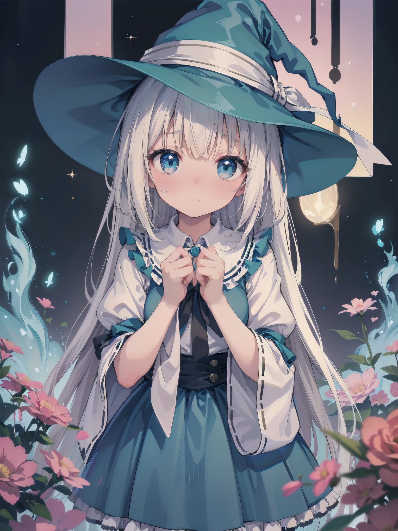 🎶, (🧙♀️), ✡, ✨(hat), , Alice in Wonderland, Alone, very beautiful, cute, adorable, embarrassed, alone, blue eyes, look at viewer, looking up, kawaii tech, pastel colors, kawaii, cute colors, Alice in Wonderland, alone, very beautiful, cute, adorable, embarrassed, alone, blue eyes