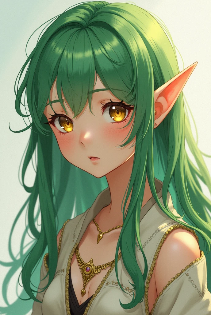 An elf, anime styling, hair green, yellow  eyes, off-white leather clothes