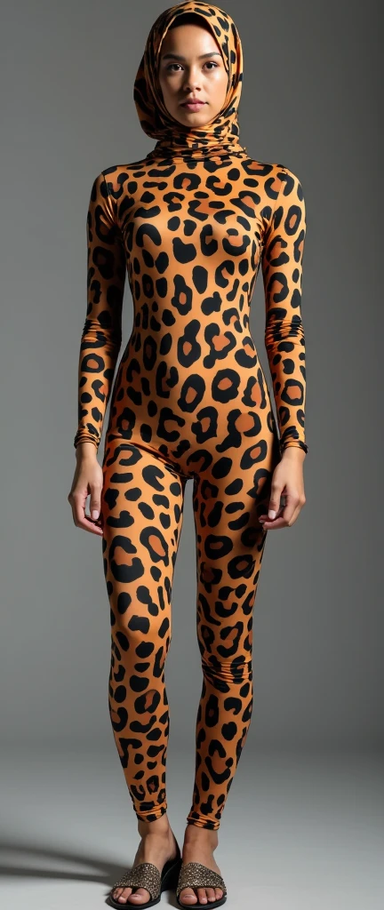 Leopard Lycra elastane turtleneck unitard catsuit and leopard Lycra dancewear hijab for sale for thin and beautiful Asian muslim girls