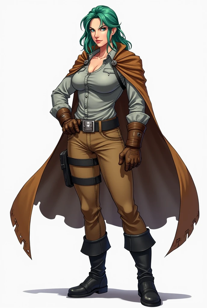 ((artwork, best quality)), ultra detailed,anime styler,1girl, mature woman,muscular body,bright light skin, adventurer clothes, black boots, brown pants, brown gloves, cape, green hair, blue eyes, serious face,gray shirt,