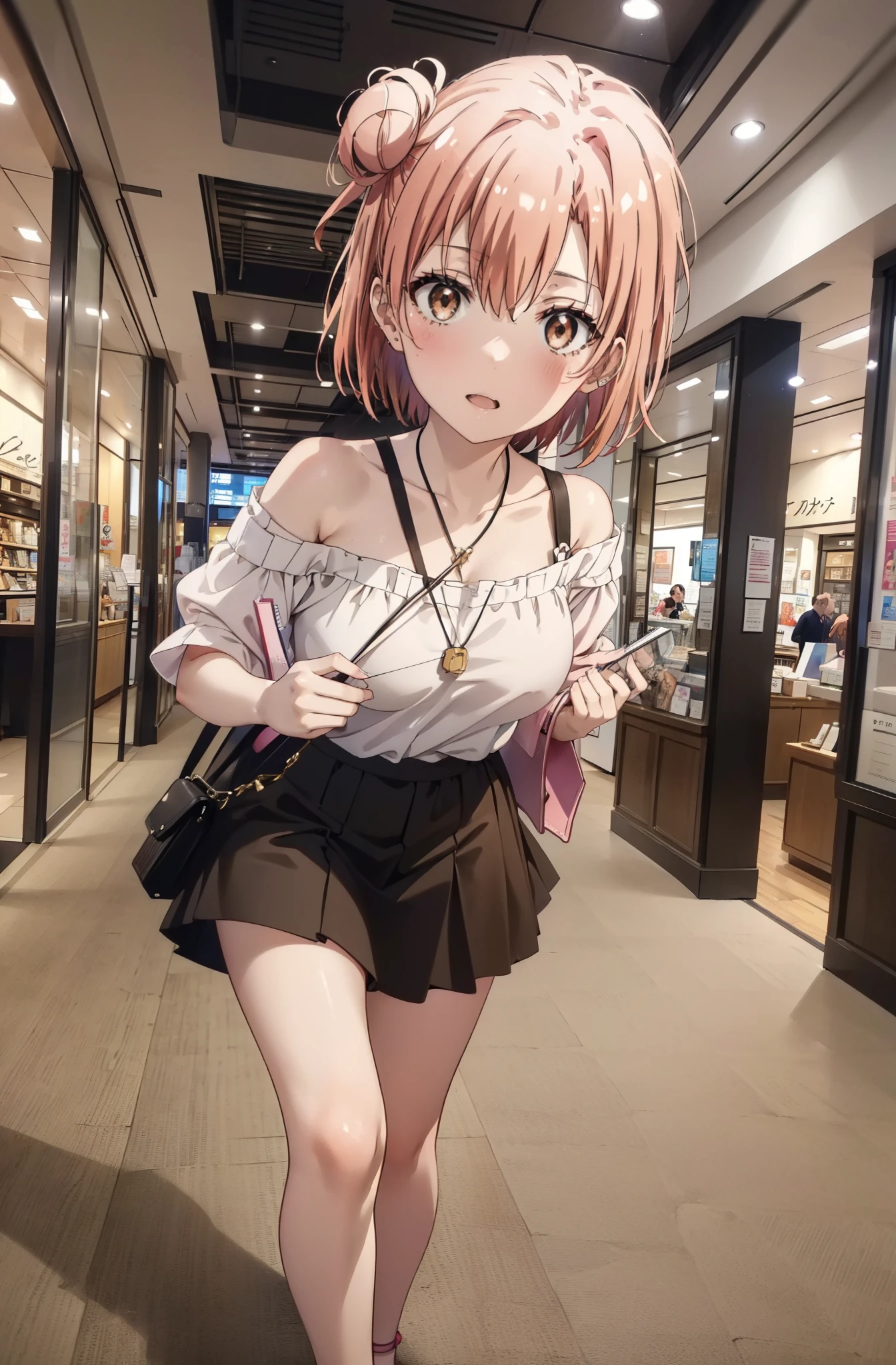 yuiyuigahama, yui yuigahama, short hair, (Brown eyes:1.5), (Pink Hair:1.2), Hair Bun, single Hair Bun,Big Breasts,smile,blush,Open your mouth,Off-the-shoulder dress,Exposing shoulders,bare clavicle,Bare neck,Rocket Pendant,mini skirt,Cute heeled sandals,Walking,whole bodyがイラストに入るように,
break indoors,Shopping mall,
break looking at viewer, whole body,
break (masterpiece:1.2), Highest quality, High resolution, unity 8k wallpaper, (shape:0.8), (Beautiful attention to detail:1.6), Highly detailed face, Perfect lighting, Extremely detailed CG, (Perfect hands, Perfect Anatomy),