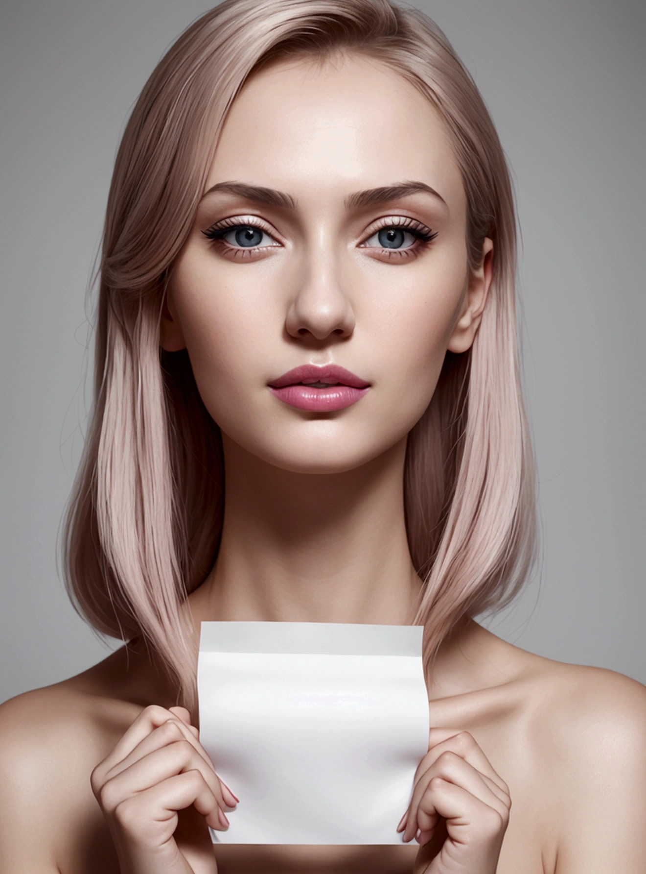 there is a woman holding a piece of paper with a message on it, anna nikonova aka newmilky, ekaterina, maia sandu hyperrealistic, profile image, 8k)), small lips pointy nose, aleksandra waliszewska, with professional makeup, cheeky smile with pink lips, angelina stroganova, with a white complexion