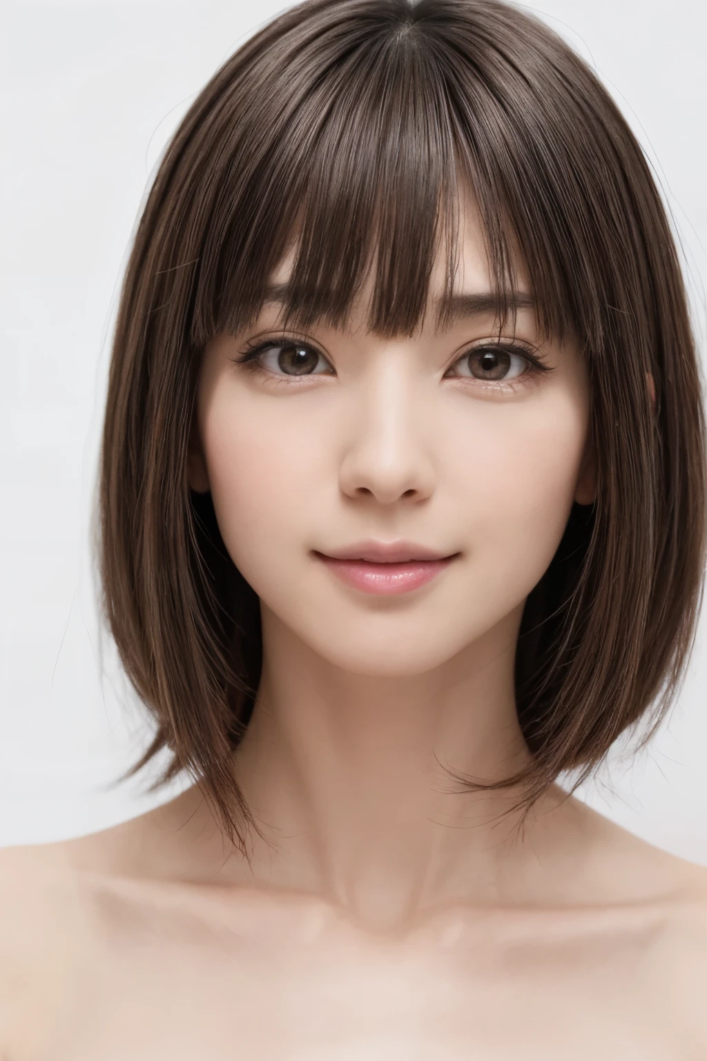 ((masterpiece, Highest quality, High resolution、Realisticですべてが美しく詳細に描かれている)), 1 person, (Realistic: 1.4), alone, White Background, snow-White Background, Mouth closed, smile, smile, Beautiful black hair, short hair, Big eyes, Transparent double eyelids, eyelash, Listen carefully, Long neck, 美しくLong neck, Absolute area, ((Face close-up)), (Draw the whole head, shoulder), 1, Attractive proportions, Glowing Skin, Beautiful clavicle, Golden ratio face, Perfect Face, Teardrop-shaped mole, chestのほくろ, bangs, clean bangs, beautiful bangs, Lip gloss, Thin lips, Fair skin, naked, Big Breasts, {Huge|big|Hugeな|Mega} chest:2, chestの谷間:2,chestの谷間を見せる、Small face, Small face, All the heads are painted, shoulder all drawn, Point slightly above the camera