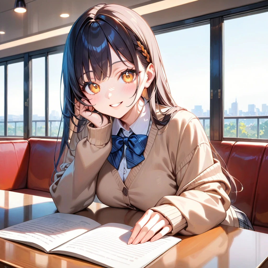 (8K, best quality, master piece: 1.2),ultra-high resolution,1 girl,solo,ultra-detailed face,detailed eyes,orange eyes,mascara,Straight hair, long hair,black hair,school uniform,plaid skirt,cardigan,rim light,Sitting in a chair,jambalaya on the table,smile,indoors restaurant